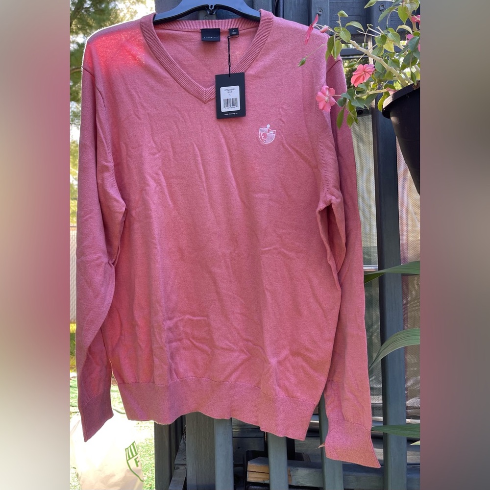 New Men’s size Large Dunning v-neck salmon pink sweater, silk/cotton/cashmere